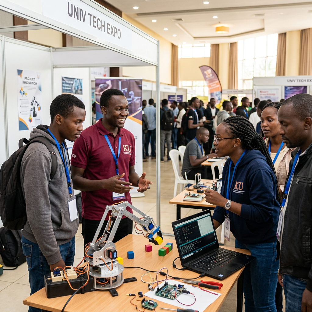 Students demoing hardware and software projects at the Tech Expo showcase floor.