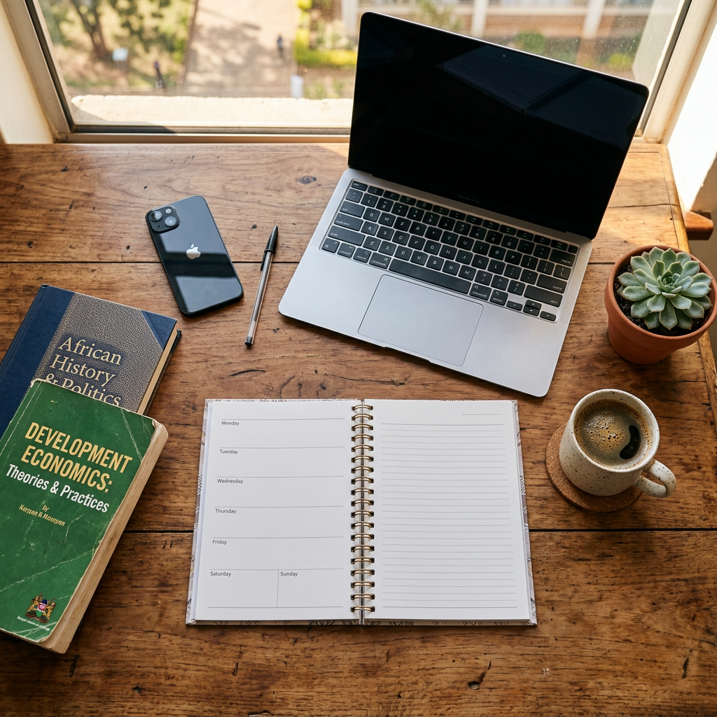 A weekly planner, a laptop and a warm cup — the small routines that hold campus life together.